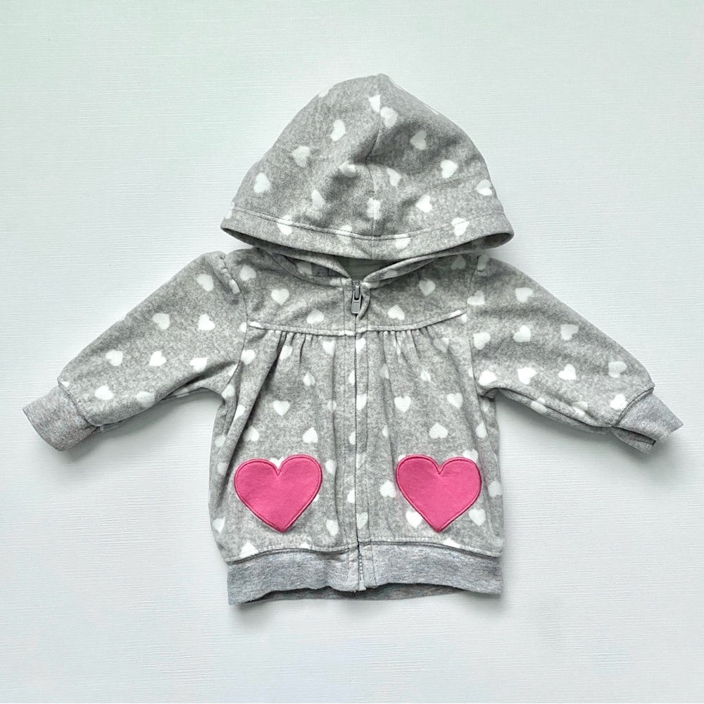 Baby Girl Zip-up Hoodie - Light Gray with Hearts Pattern